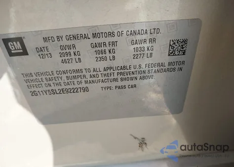 2014 Chevrolet Impala 1Ls z USA, uszkodzony, nr VIN 2G11Y5SL2E9222790